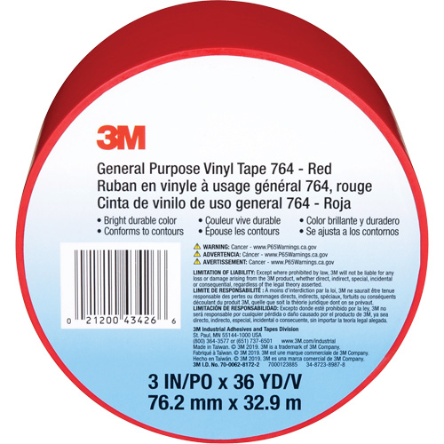 Ruban en vinyle pour travaux g&eacute;n&eacute;raux 764, 76 mm (3") la x 32,9 m (108') lo, 5 mils, Rouge NTL Industrial