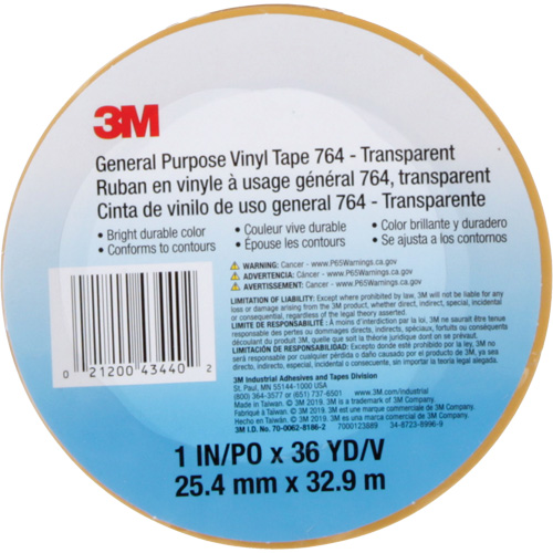 Ruban en vinyle pour travaux g&eacute;n&eacute;raux 764, 25,4 mm (1") la x 32,9 m (108') lo, 5 mils, Transparent NTL Industrial