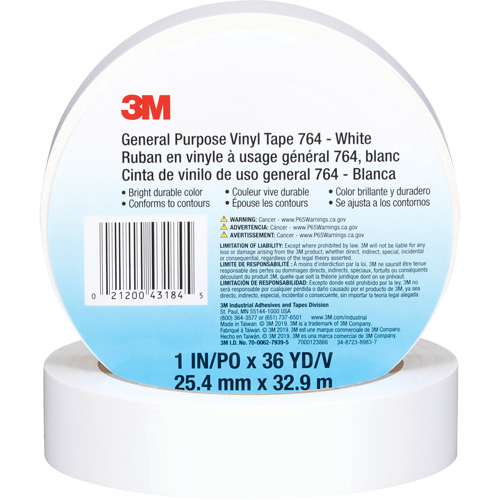 Ruban en vinyle pour travaux g&eacute;n&eacute;raux 764, 25,4 mm (1") la x 32,9 m (108') lo, 5 mils, Blanc NTL Industrial