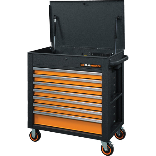 GSX Series Rolling Tool Cart with Tilt Top, 7 Drawers, 35" L x 20" W x 39" H, Black/Orange NTL Industrial