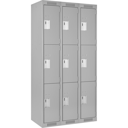 Clean Line Lockers, 3 -tier, Bank of 3, 36" x 18" x 72", Steel, Grey, Rivet (Assembled) NTL Industrial