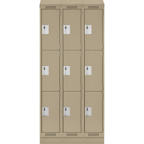 Clean Line Lockers, 3 -tier, Bank of 3, 36" x 18" x 82", Steel, Beige, Rivet (Assembled) NTL Industrial