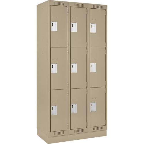 Clean Line Lockers, 3 -tier, Bank of 3, 36" x 18" x 76", Steel, Beige, Rivet (Assembled) NTL Industrial