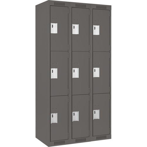 Clean Line Lockers, 3 -tier, Bank of 3, 36" x 18" x 72", Steel, Charcoal, Rivet (Assembled) NTL Industrial
