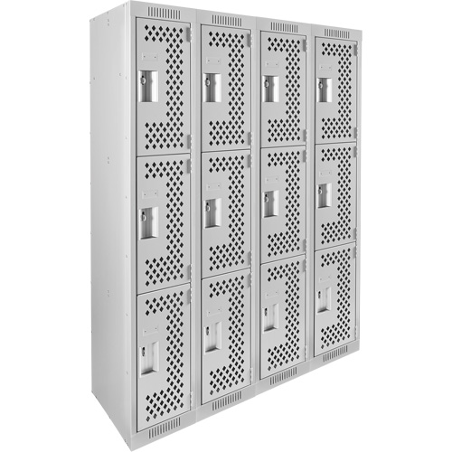 Clean Line Lockers, 3 -tier, Bank of 4, 48" x 12" x 72", Steel, Grey, Rivet (Assembled), Perforated NTL Industrial