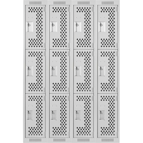 Clean Line Lockers, 3 -tier, Bank of 4, 48" x 12" x 72", Steel, Grey, Rivet (Assembled), Perforated NTL Industrial