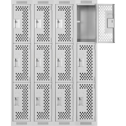 Clean Line Lockers, 3 -tier, Bank of 4, 48" x 12" x 72", Steel, Grey, Rivet (Assembled), Perforated NTL Industrial