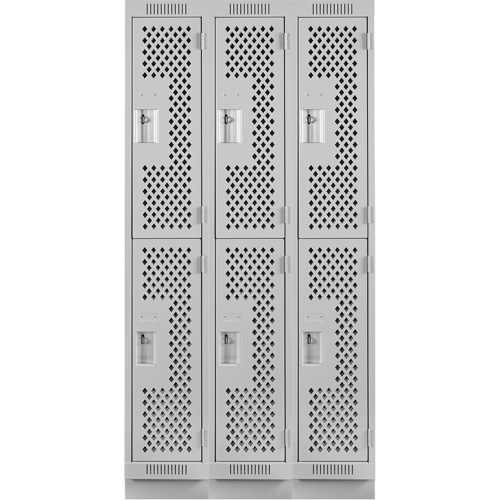 Clean Line Lockers, 2 -tier, Bank of 3, 36" x 12" x 76", Steel, Grey, Rivet (Assembled), Perforated NTL Industrial