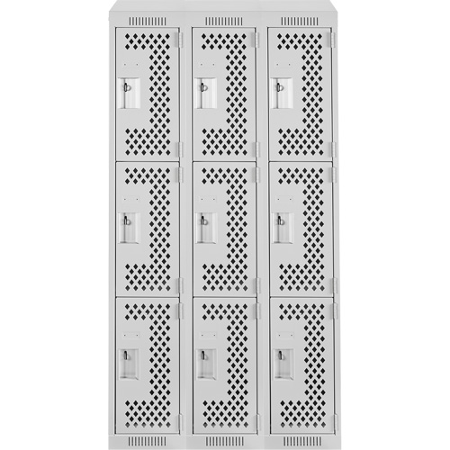 Clean Line Lockers, 3 -tier, Bank of 3, 36" x 18" x 78", Steel, Grey, Rivet (Assembled), Perforated NTL Industrial