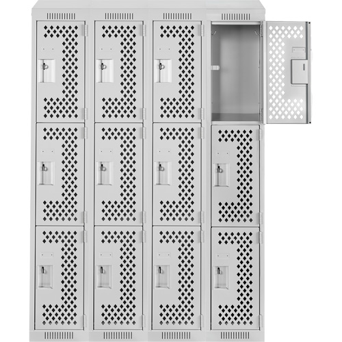 Clean Line Lockers, 3 -tier, Bank of 4, 48" x 18" x 78", Steel, Grey, Rivet (Assembled), Perforated NTL Industrial