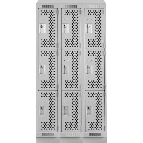 Clean Line Lockers, 3 -tier, Bank of 3, 36" x 15" x 82", Steel, Grey, Rivet (Assembled), Perforated NTL Industrial