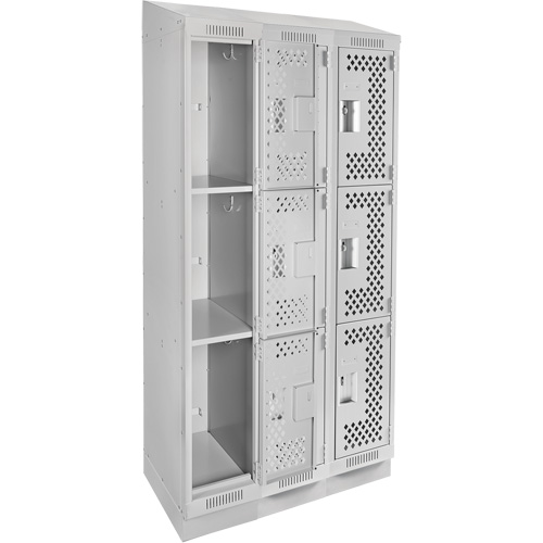 Clean Line Lockers, 3 -tier, Bank of 3, 36" x 15" x 82", Steel, Grey, Rivet (Assembled), Perforated NTL Industrial