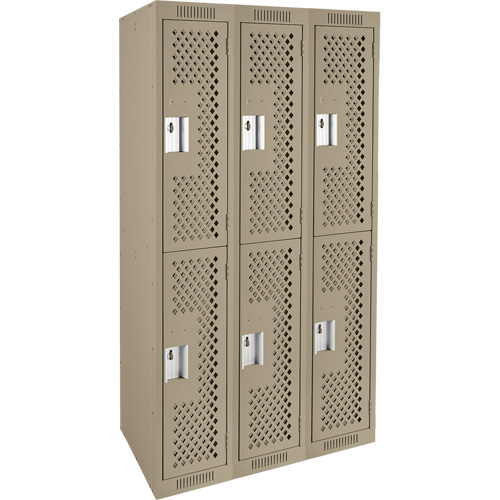 Clean Line Lockers, 2 -tier, Bank of 3, 36" x 12" x 72", Steel, Beige, Rivet (Assembled), Perforated NTL Industrial