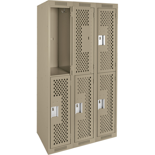 Clean Line Lockers, 2 -tier, Bank of 3, 36" x 12" x 72", Steel, Beige, Rivet (Assembled), Perforated NTL Industrial