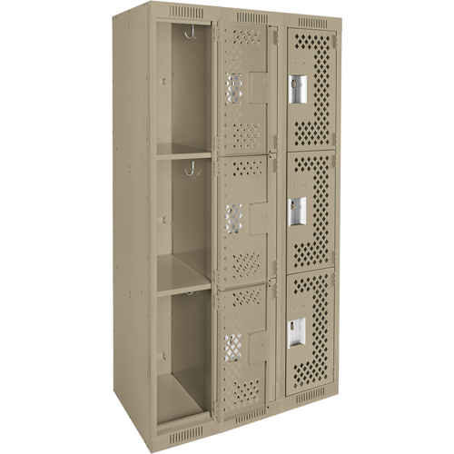 Clean Line Lockers, 3 -tier, Bank of 3, 36" x 12" x 72", Steel, Beige, Rivet (Assembled), Perforated NTL Industrial