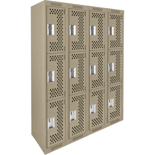 Clean Line Lockers, 3 -tier, Bank of 4, 48" x 12" x 72", Steel, Beige, Rivet (Assembled), Perforated NTL Industrial