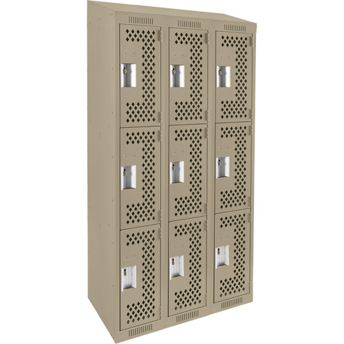 Clean Line Lockers, 3 -tier, Bank of 3, 36" x 18" x 78", Steel, Beige, Rivet (Assembled), Perforated NTL Industrial