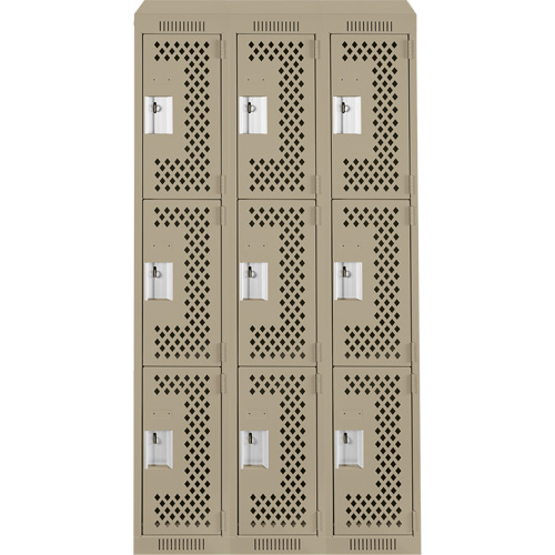 Clean Line Lockers, 3 -tier, Bank of 3, 36" x 18" x 78", Steel, Beige, Rivet (Assembled), Perforated NTL Industrial