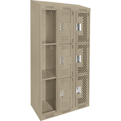 Clean Line Lockers, 3 -tier, Bank of 3, 36" x 18" x 78", Steel, Beige, Rivet (Assembled), Perforated NTL Industrial