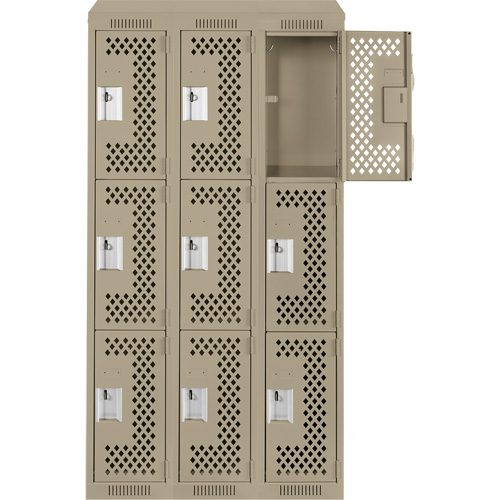Clean Line Lockers, 3 -tier, Bank of 3, 36" x 18" x 78", Steel, Beige, Rivet (Assembled), Perforated NTL Industrial