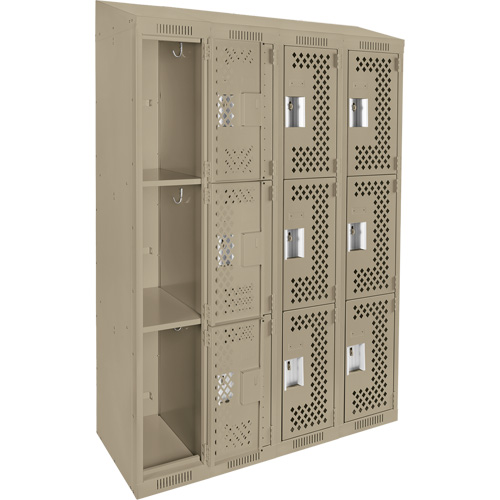 Clean Line Lockers, 3 -tier, Bank of 4, 48" x 18" x 78", Steel, Beige, Rivet (Assembled), Perforated NTL Industrial