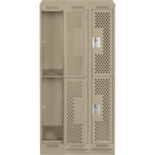 Casiers Clean Line, 2 niveaux, Bloc de 3, 36" x 12" x 82", Acier, Beige, Rivet (assembl&eacute;), Perfor&eacute; NTL Industrial
