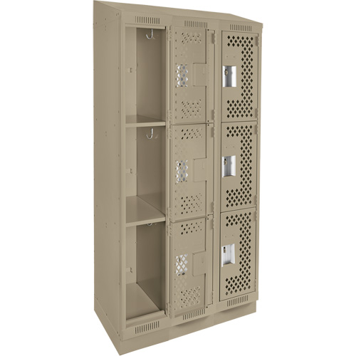 Clean Line Lockers, 3 -tier, Bank of 3, 36" x 15" x 82", Steel, Beige, Rivet (Assembled), Perforated NTL Industrial