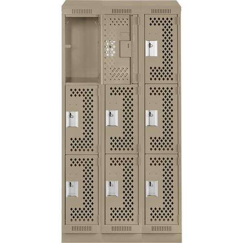 Clean Line Lockers, 3 -tier, Bank of 3, 36" x 15" x 82", Steel, Beige, Rivet (Assembled), Perforated NTL Industrial