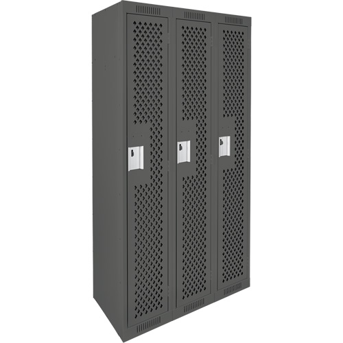 Clean Line Lockers, Bank of 3, 36" x 12" x 72", Steel, Charcoal, Rivet (Assembled), Perforated NTL Industrial