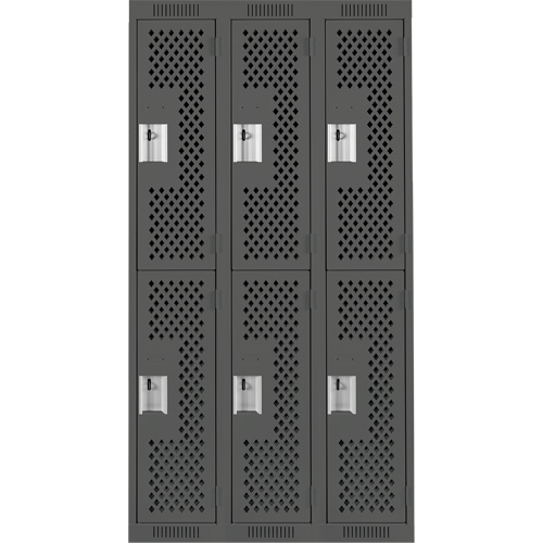 Clean Line Lockers, 2 -tier, Bank of 3, 36" x 12" x 72", Steel, Charcoal, Rivet (Assembled), Perforated NTL Industrial