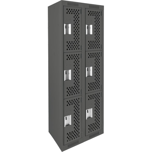 Clean Line Lockers, 3 -tier, Bank of 2, 24" x 12" x 72", Steel, Charcoal, Rivet (Assembled), Perforated NTL Industrial