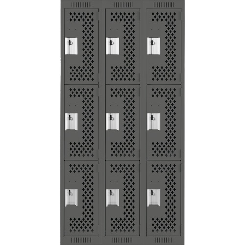 Clean Line Lockers, 3 -tier, Bank of 3, 36" x 12" x 72", Steel, Charcoal, Rivet (Assembled), Perforated NTL Industrial