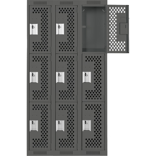 Clean Line Lockers, 3 -tier, Bank of 3, 36" x 12" x 72", Steel, Charcoal, Rivet (Assembled), Perforated NTL Industrial