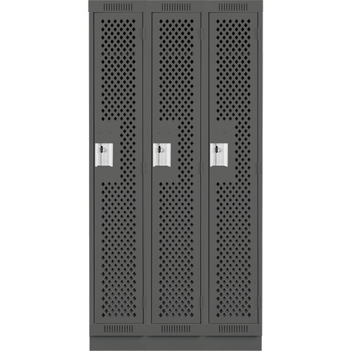 Clean Line Lockers, Bank of 3, 36" x 15" x 76", Steel, Charcoal, Rivet (Assembled), Perforated NTL Industrial