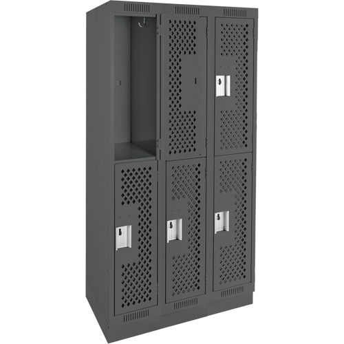 Clean Line Lockers, 2 -tier, Bank of 3, 36" x 12" x 76", Steel, Charcoal, Rivet (Assembled), Perforated NTL Industrial