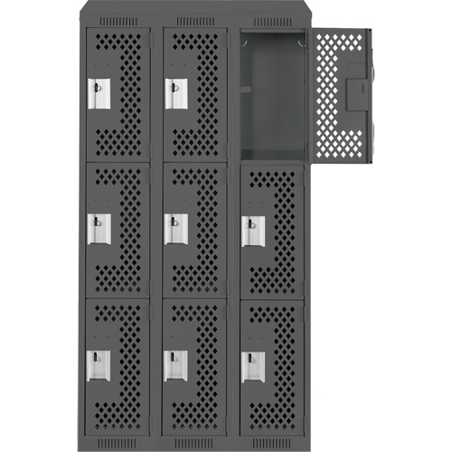 Clean Line Lockers, 3 -tier, Bank of 3, 36" x 18" x 78", Steel, Charcoal, Rivet (Assembled), Perforated NTL Industrial