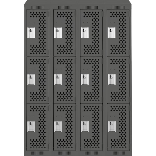 Clean Line Lockers, 3 -tier, Bank of 4, 48" x 18" x 78", Steel, Charcoal, Rivet (Assembled), Perforated NTL Industrial
