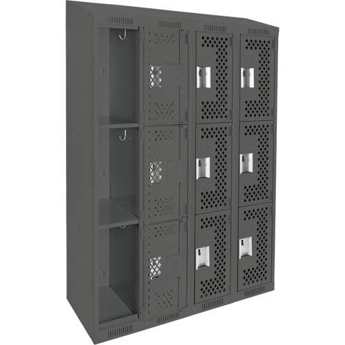 Clean Line Lockers, 3 -tier, Bank of 4, 48" x 18" x 78", Steel, Charcoal, Rivet (Assembled), Perforated NTL Industrial