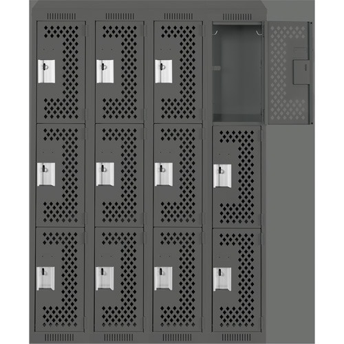 Clean Line Lockers, 3 -tier, Bank of 4, 48" x 18" x 78", Steel, Charcoal, Rivet (Assembled), Perforated NTL Industrial