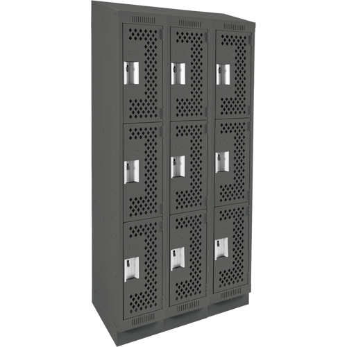 Clean Line Lockers, 3 -tier, Bank of 3, 36" x 15" x 82", Steel, Charcoal, Rivet (Assembled), Perforated NTL Industrial