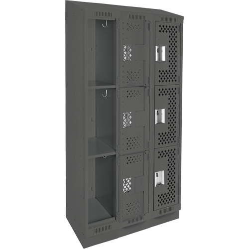 Clean Line Lockers, 3 -tier, Bank of 3, 36" x 15" x 82", Steel, Charcoal, Rivet (Assembled), Perforated NTL Industrial