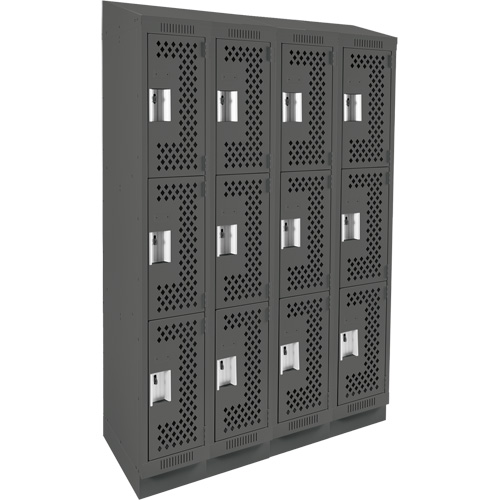 Clean Line Lockers, 3 -tier, Bank of 4, 48" x 15" x 82", Steel, Charcoal, Rivet (Assembled), Perforated NTL Industrial