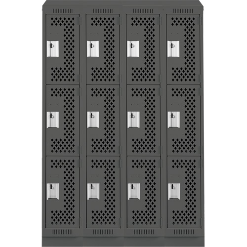 Clean Line Lockers, 3 -tier, Bank of 4, 48" x 15" x 82", Steel, Charcoal, Rivet (Assembled), Perforated NTL Industrial