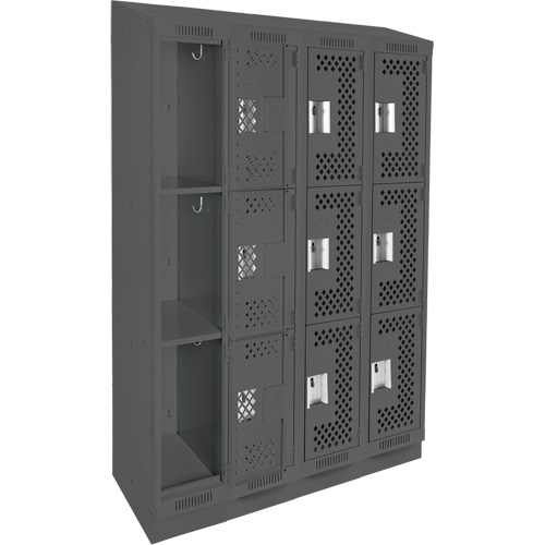 Clean Line Lockers, 3 -tier, Bank of 4, 48" x 15" x 82", Steel, Charcoal, Rivet (Assembled), Perforated NTL Industrial