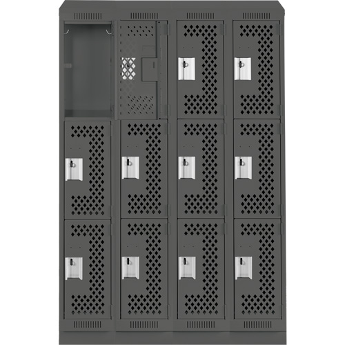 Clean Line Lockers, 3 -tier, Bank of 4, 48" x 15" x 82", Steel, Charcoal, Rivet (Assembled), Perforated NTL Industrial