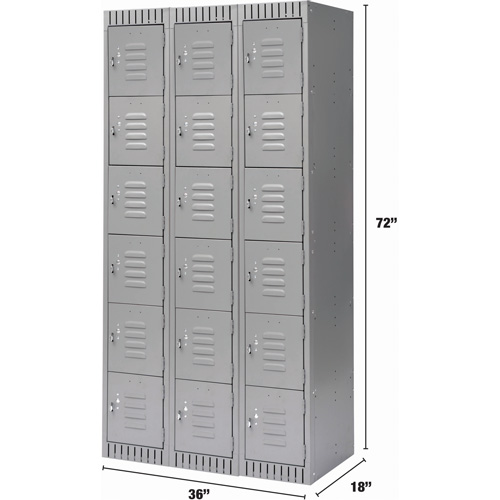 Lockers, 6 -tier, Bank of 3, 36" x 18" x 72", Steel, Grey, Knocked Down NTL Industrial