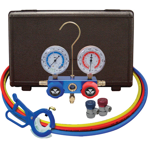Automotive Manifold Gauge Set with Manual Couplers & 3-in-1 Side Mount Can Tap Valve NTL Industrial