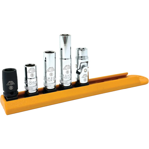 Jeu de douilles chrom&eacute;es avec rail, 5 Morceaux, Prise de 1/4" NTL Industrial