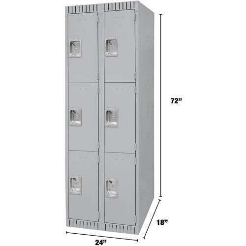 Lockers, 3 -tier, Bank of 2, 24" x 18" x 72", Steel, Grey, Knocked Down NTL Industrial