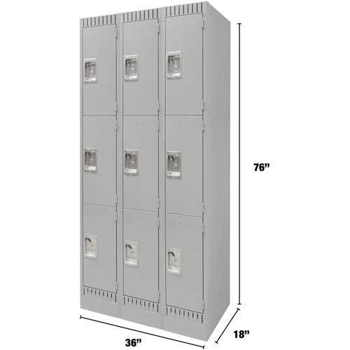 Lockers, 3 -tier, Bank of 3, 36" x 18" x 76", Steel, Grey, Knocked Down NTL Industrial